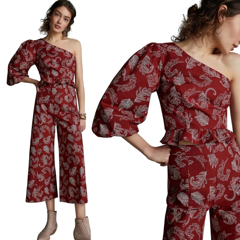 Anthropologie Festival One Shoulder Cropped Ruffle 2pc Set Rust Red Paisley XS